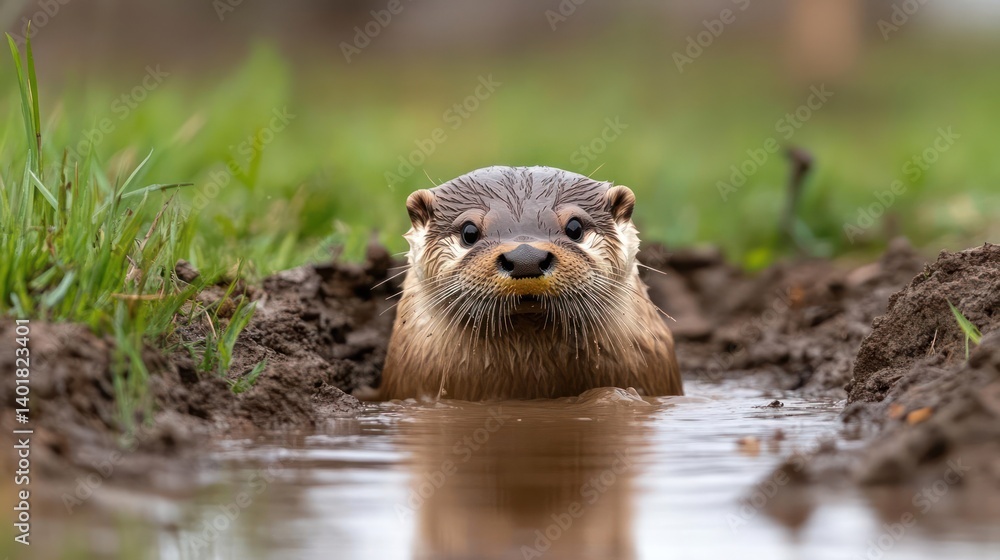 Aufkleber A close up, eye-level shot captures an otter partially submerged in muddy water, its fur glistening with droplets. The surrounding environment features grassy patches and soil, creating a natural