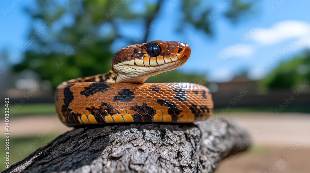 Poster Captured in sharp focus against a blurred backdrop, a brown snake coils gracefully on a weathered tree branch, its mottled pattern and intricate scales highlighted by the ambient light