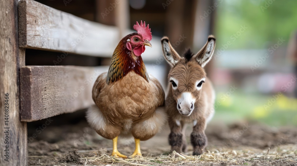 Poster a whimsical shot captures a brown chicken and a baby donkey standing side by side. soft, natural lig