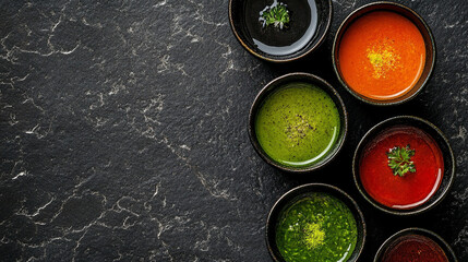 Colorful sauces dips assortment top view on dark stone background food photography for restaurant menu
