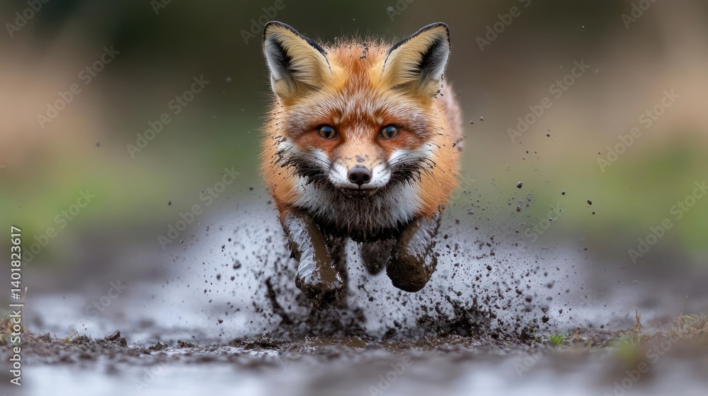 Poster close-up shot of a fox with orange and white fur running through muddy water in a field. splatters o