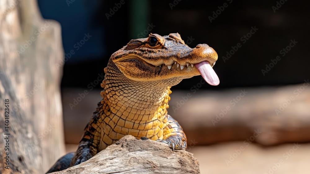 Aufkleber Close-up of a reptile with its tongue sticking out resting on a weathered branch. The reptile displays intricate scale patterns and textures and is set against a soft background of blurred foliage
