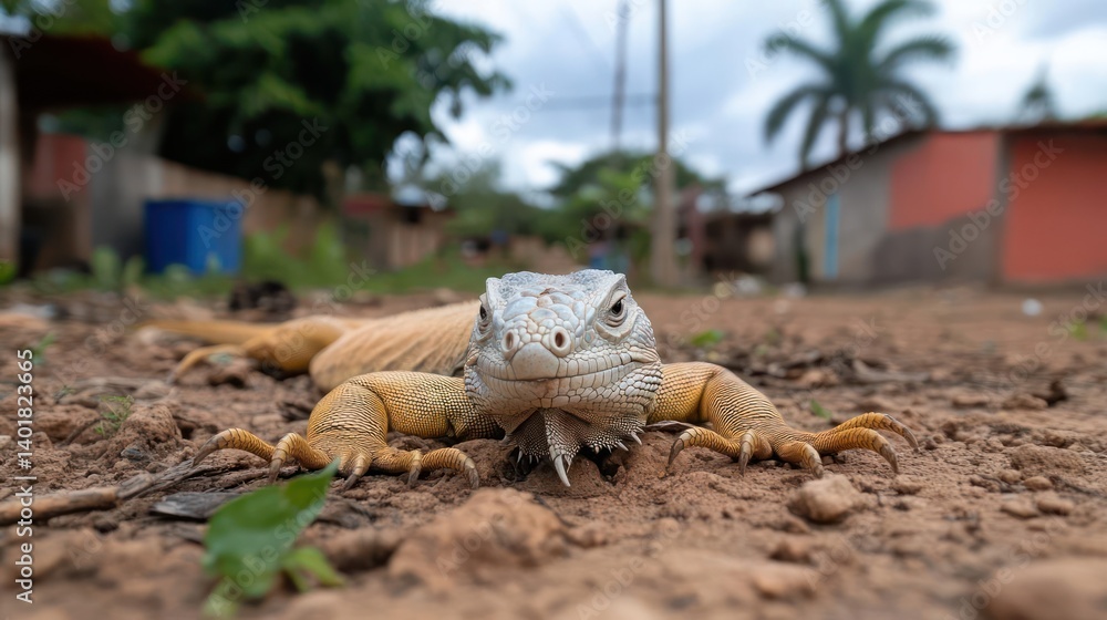 Poster close up shot of iguana laying on brown ground with shallow focus and blurred background. it is faci