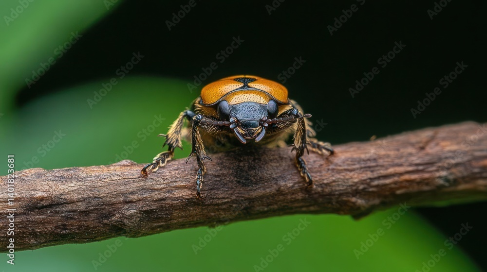 Poster close up of a vibrant orange and black beetle perched on a textured brown twig, set against a backdr