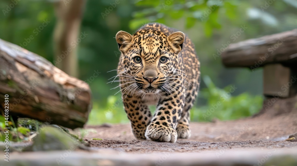 Aufkleber a close-up full shot of a walking leopard with black and tan spotted fur and long tail, walking dire