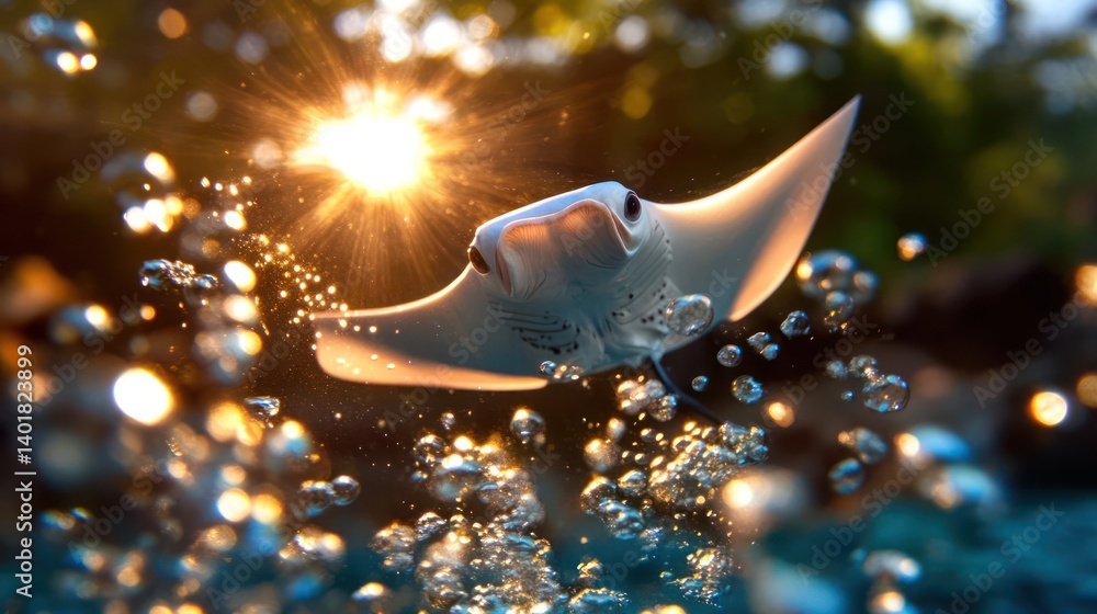Poster a vibrant underwater shot of a stingray gracefully gliding through the water, surrounded by shimmeri