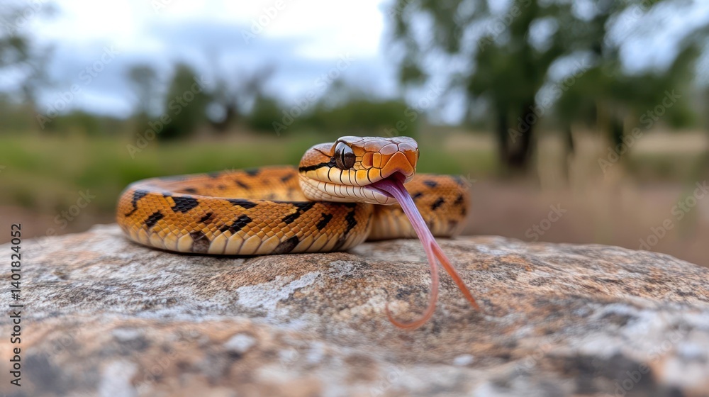 Poster close-up of a vibrant orange snake with black markings, coiled atop a textured rock against a blurre
