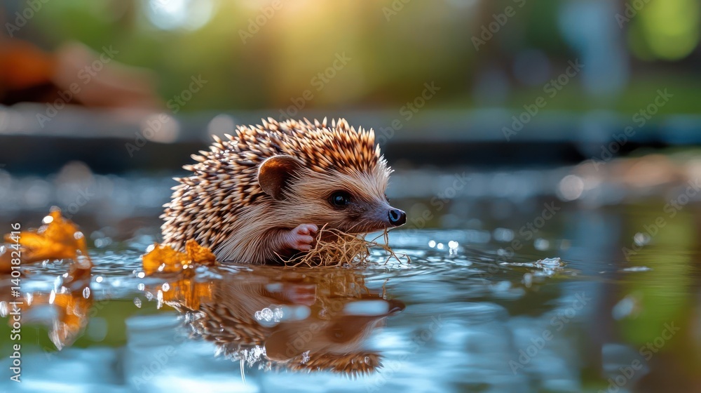 Aufkleber a charming hedgehog wading in a shallow puddle, its reflection visible in the water. the sunlight fi