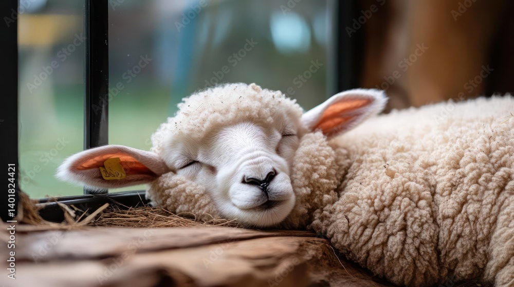 Poster Close up of a white sheep sleeping peacefully on a wooden surface near a window with hay on the ground. The sheep has its eyes closed and a yellow tag on its ear. The background is blurred with hints