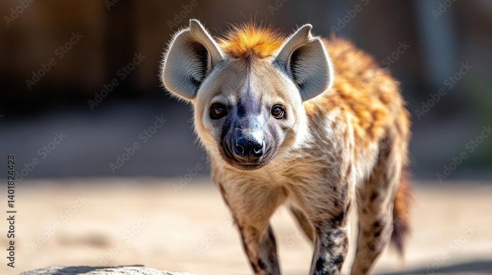 Poster portrait of a spotted hyena with its distinctive patterned coat, set against a blurred background, a