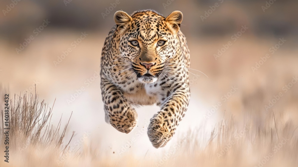 Aufkleber Leopard with intense stare running in a field of tall golden grass with dirt and dust kicking up. Eyes are trained on the viewer with soft focus on the background. Daytime shot with a slightly low