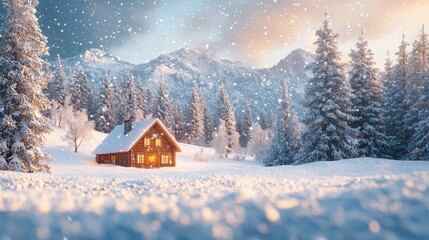 Naklejka premium Snowy Winter Landscape with Cabin and Snow-Covered Pine Trees