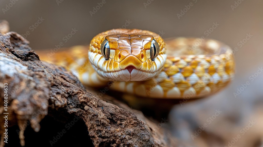 Poster Captivating close-up of a yellow snake with intricate scale patterns. The snake is positioned on a weathered tree branch, creating a natural and textured backdrop. The shallow depth of field