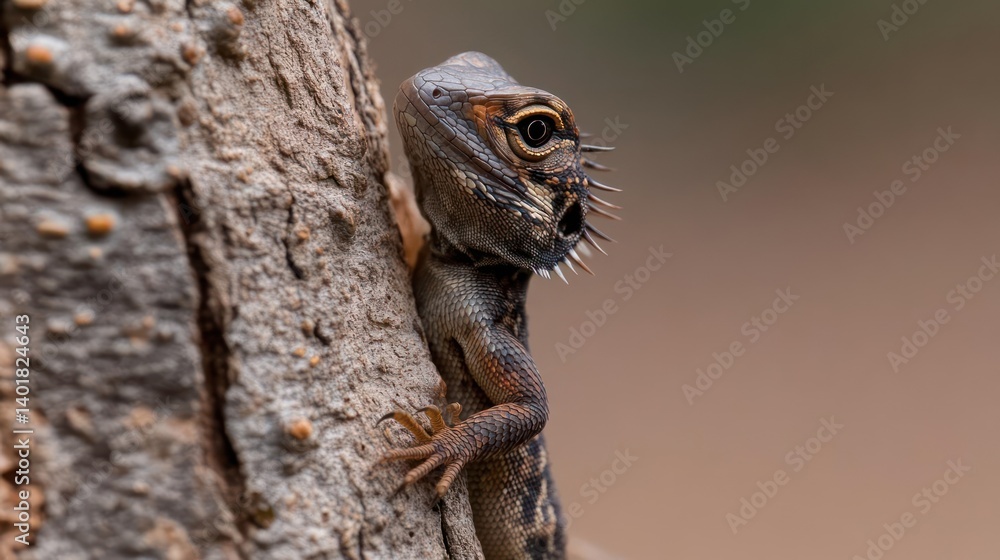 Poster Close-up shot of a spiky lizard on a tree trunk with detailed scales and textured bark. The lizard features a distinctive spiky beard and a textured head, set against a blurred brownish background