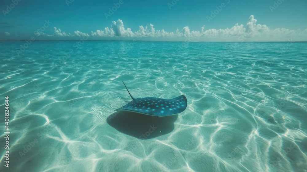 Aufkleber Captured in a breathtaking wide shot, a single stingray glides effortlessly through the pristine turquoise ocean waters, its spotted pattern creating a stunning contrast against the clear depths and