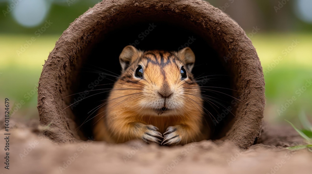 Poster close-up shot of a cute rodent nestled inside a burrow, surrounded by greenery. the image captures t