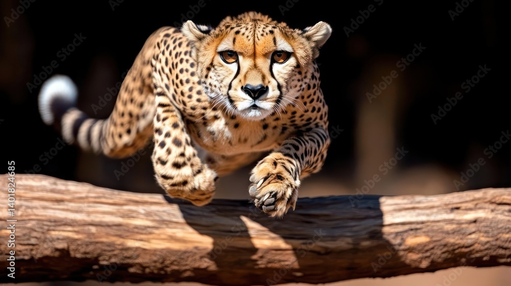 Poster this shot captures a cheetah leaping over a fallen tree branch, its spotted coat and intense gaze hi