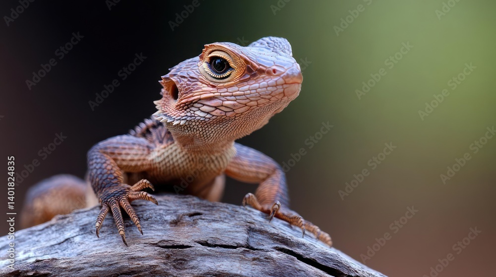 Poster macro shot of a brown lizard perched on a weathered branch against a blurred background showcasing n