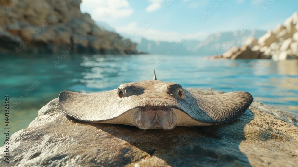 Poster close up shot of a stingray on a rock, the stingray is brown and textured. the background features t