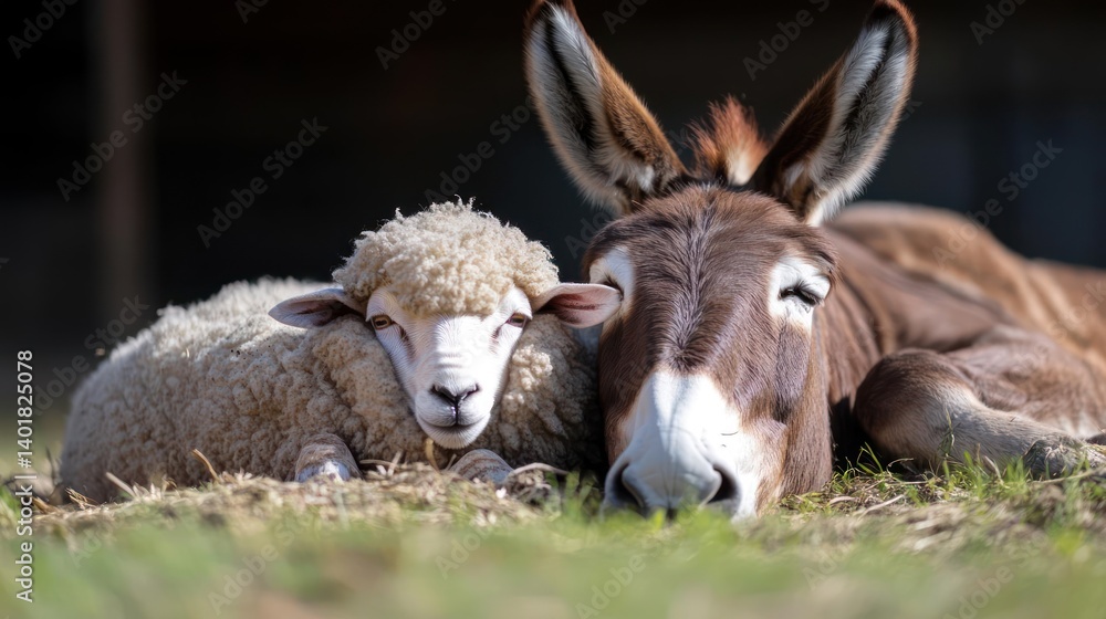 Poster a sweet, close-up shot of a sheep nestled against the side of a donkey on green grass under a bright