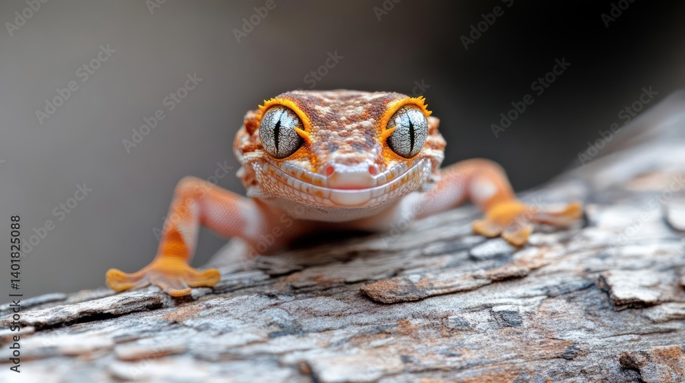 Poster close-up shot of an orange and white gecko perched on a textured tree branch. the reptile is positio