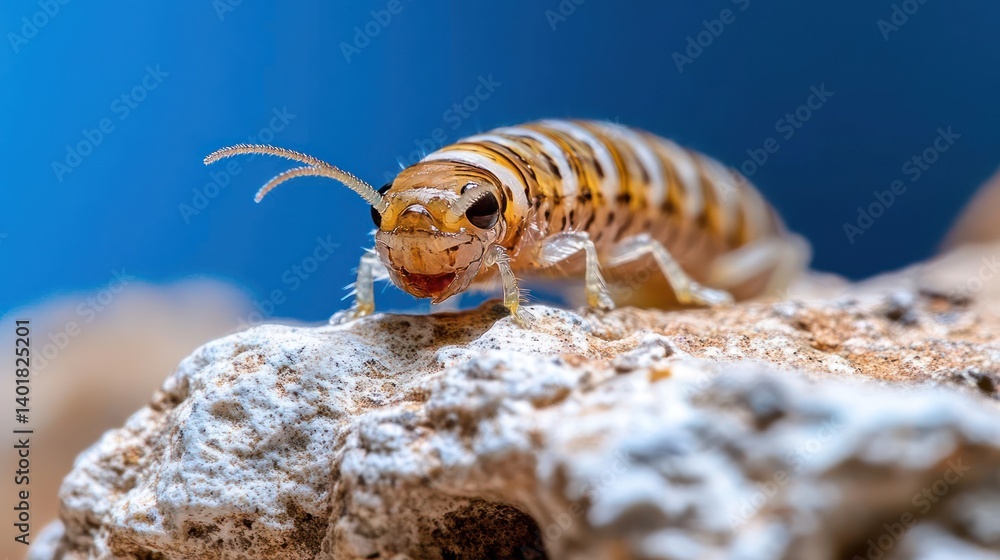 Aufkleber close-up shot of a pill bug on a rock against a blue background. the bug features light brown and cr