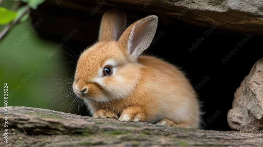 Aufkleber a small, golden-brown rabbit sits nestled within a rocky enclosure, its fur softly illuminated. the 