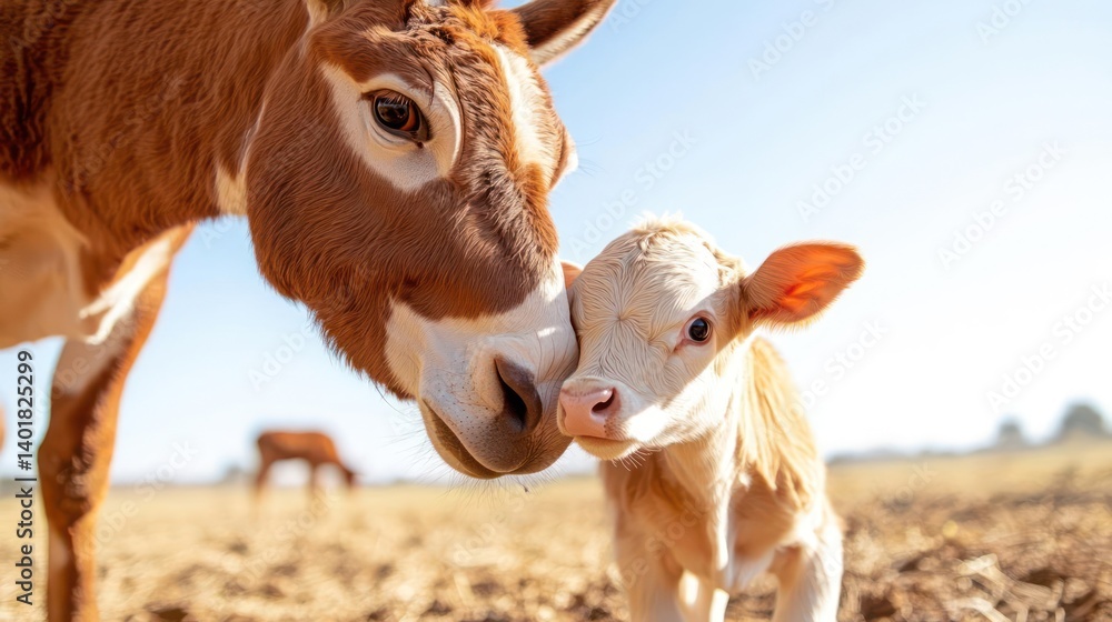 Poster close up of a cow and calf in a field on a sunny day. the cow and calf are light brown and white. th