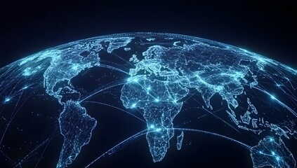 Fototapeta premium A digital map of the world with glowing blue connections between cities, representing global connectivity and data transfer across diverse locations. 