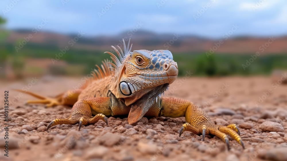 Aufkleber a detailed close up of an orange iguana with a blue head resting on rocky terrain under a cloudy sky