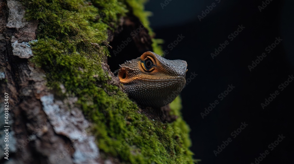 Poster close up shot of a brown lizard with orange markings emerging from a mossy tree hole against a dark 