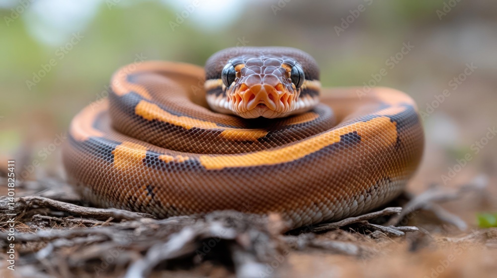 Fototapete close-up shot of a brown and yellow snake curled up on the ground. the snake's scales are visible, a