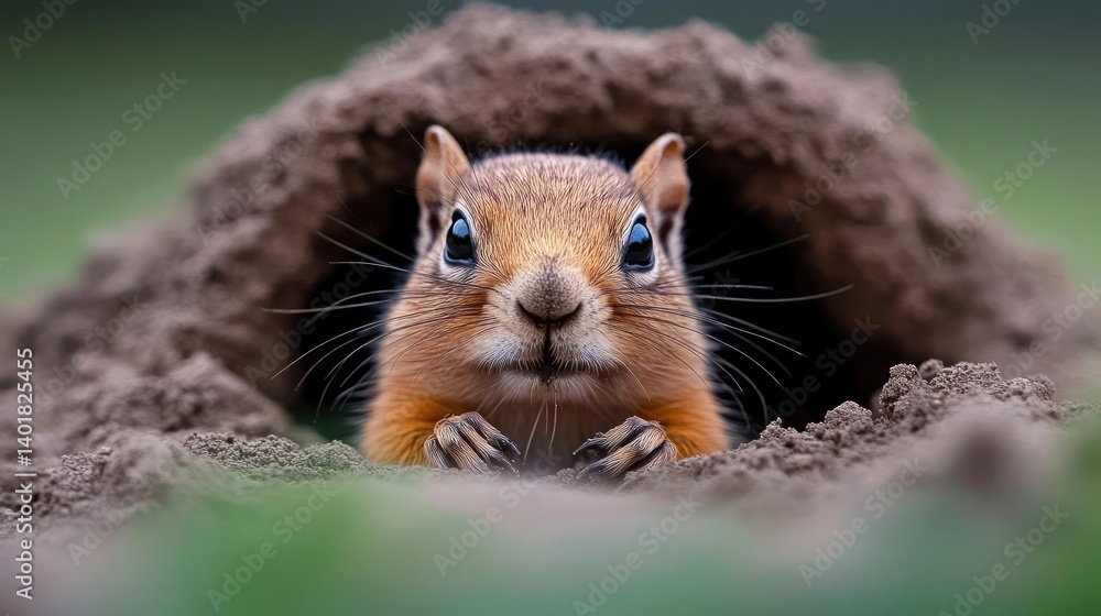 Poster close up of a brown squirrel peeking out from a dirt burrow, looking directly at the viewer with its