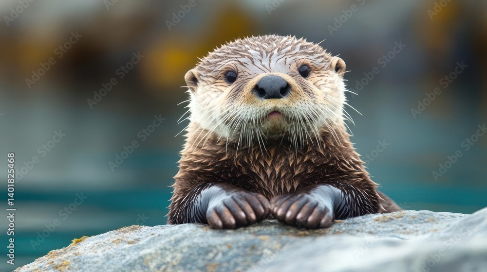 Poster close-up shot of a brown otter resting on a gray rock, gazing forward with clear eyes. the backgroun