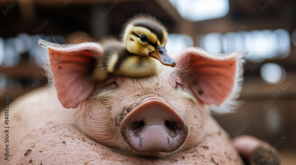 Poster a heartwarming close-up captures a yellow and black duckling perched atop the head of a pink pig in 