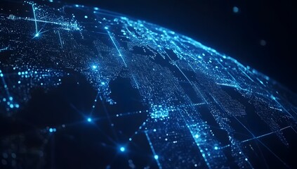 Obraz premium A digital map of the world with glowing blue connections between cities, representing global connectivity and data transfer across diverse locations. 