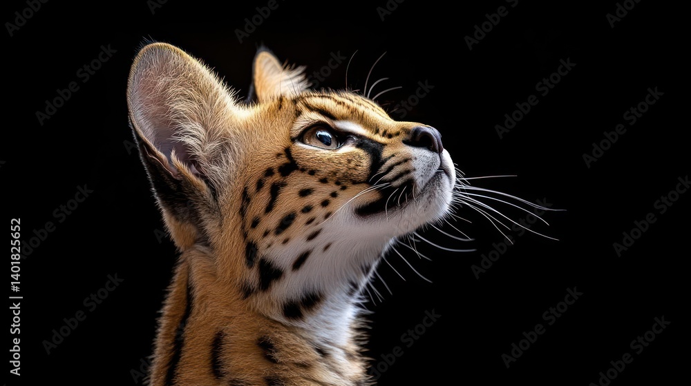 Poster a close-up shot of a serval cat looking up against a black background. the serval's fur is a mix of 