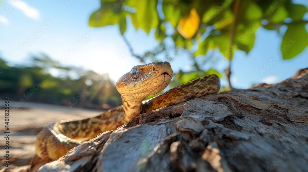Poster close-up shot of a fer-de-lance snake resting on a weathered log. golden sunlight highlights its pat