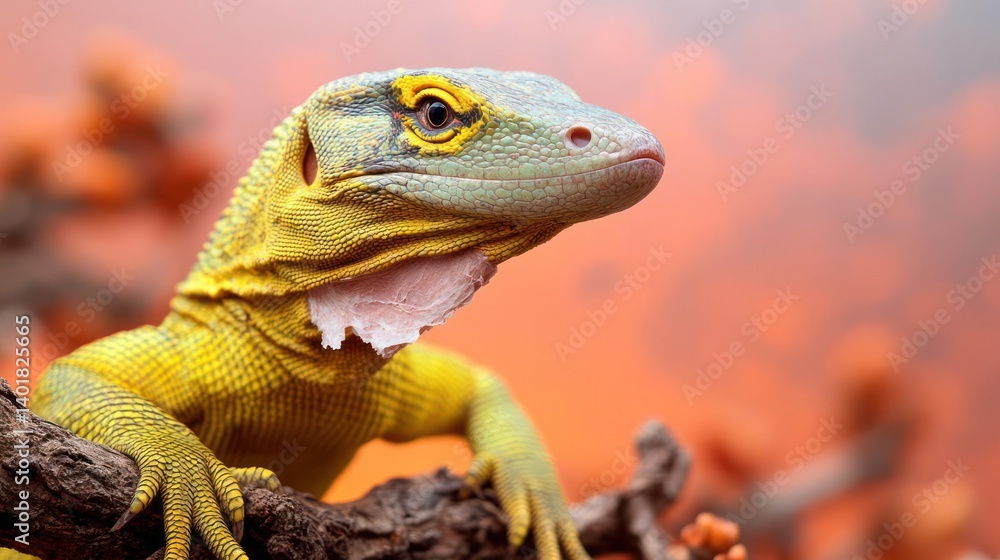 Poster close-up of a bright yellow lizard with bluish-gray scales perched on a branch. the background featu