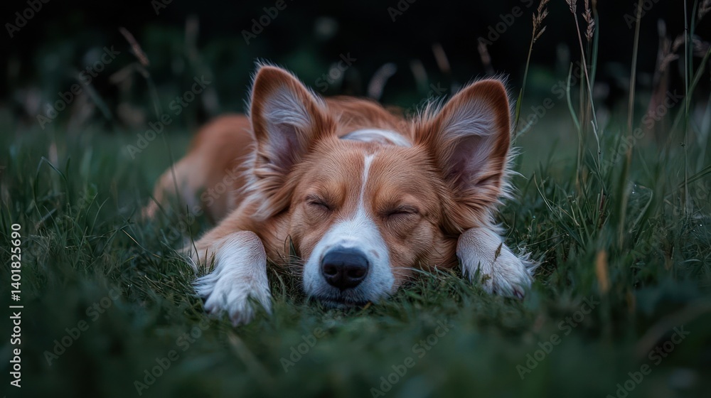 Aufkleber close-up of a corgi dog lying down in a field of green grass. the dog has brown and white fur and it