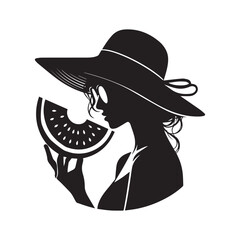 Girl wearing hat and sunglasses and eating watermelon silhouette on white background.
