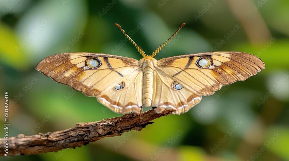 Aufkleber Close up of a butterfly resting on a twig, showcasing intricate wing patterns in muted browns and tans with distinctive blue spots. The background is a soft green bokeh, highlighting the natural