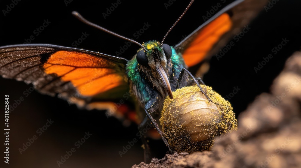 Aufkleber close-up shot of a vibrant butterfly with iridescent green and orange wings gripping a pollen-covere