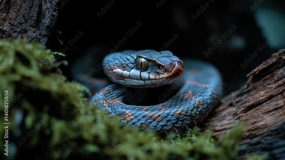 Poster close up shot of a coiled venomous snake with blue scales and orange patterns, set against a backdro