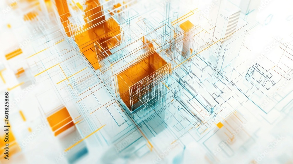 Poster a complex architectural design using translucent orange and teal lines.