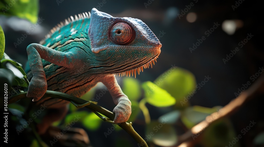 Poster close-up of a colorful chameleon perched on a branch with lush green leaves, bathed in soft light ag