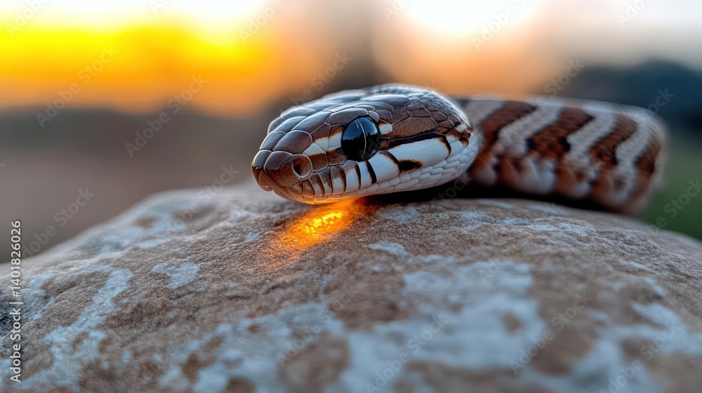 Poster a close-up shot showcases a snake resting atop a rock, beautifully illuminated by the warm hues of t