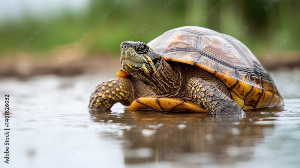 Aufkleber A close-up shot captures a brown and yellow turtle partially submerged in shallow water, its shell prominently displayed. The turtle faces forward, its reflection visible in the water, set against a