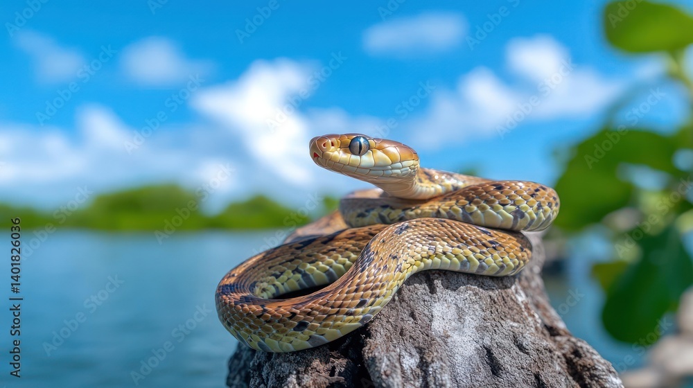 Poster eye-level shot of a brown and yellow snake coiled on a tree stump with blue lake water and a blue sk