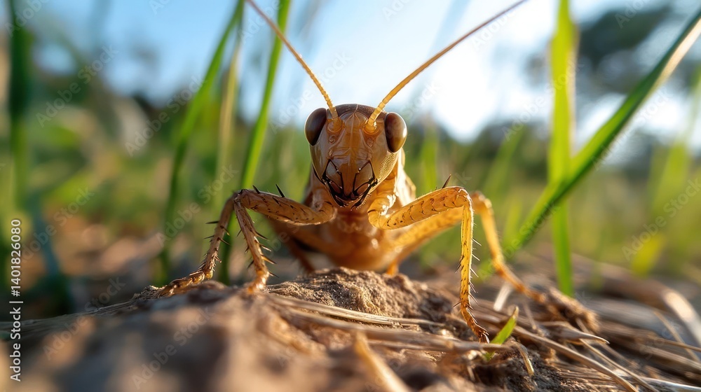 Aufkleber a close-up captures a brown grasshopper perched on soil, surrounded by green blades. the insect's in